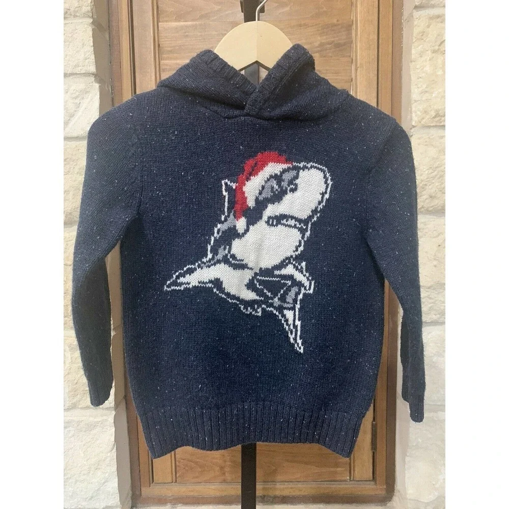 Gymboree Boy’s Hooded Long Sleeve Sweater Santa Shark Navy Size XS (4)​